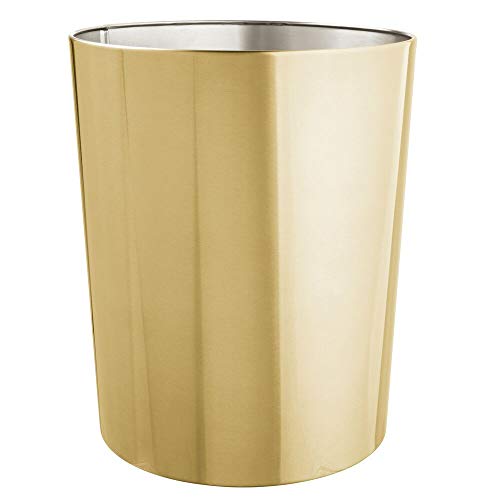 Product Cover mDesign Round Metal Small Trash Can Wastebasket, Garbage Container Bin for Bathrooms, Powder Rooms, Kitchens, Home Offices - Durable Stainless Steel - Soft Brass