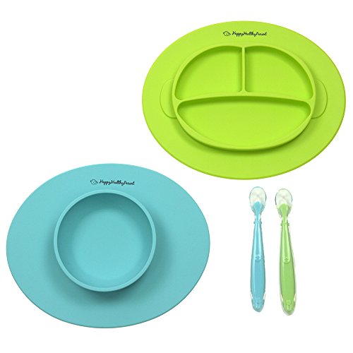 Product Cover Silicone Bowl and Silicone Plate Easily Wipe Clean - Self Feeding Set Reduces Spills - Spend Less Time Cleaning After Meals with a Baby or Toddler - Set Includes 2 Colors (Turquoise/Lime Green)