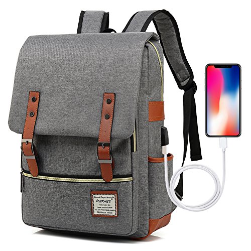 Product Cover UGRACE Vintage Laptop Backpack with USB Charging Port, Elegant Water Resistant Travelling Backpack Casual Daypacks School Shoulder Bag for Men Women, Fits up to 15.6Inch Macbook in Grey