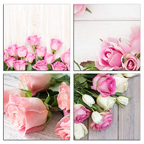 Product Cover NAN Wind Modern 4 Piece Canvas Print Wall Art Painting for Home Decor Floral Still Life of Pink Rose Flower in The Table Picture Paintings for for Home Decor Valentine