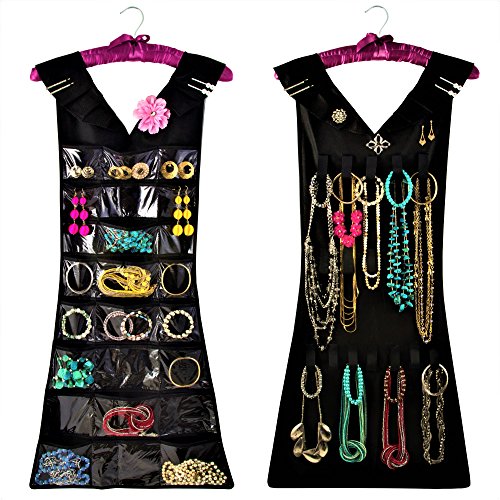 Product Cover Marcus Mayfield Hanging Jewelry Organizer, Closet Storage with Satin Hanger, 2 Sided for Jewelry, Hair Accessories & Makeup (1-Black Dress & Pink Satin Hanger, 24 Pockets 17 Hooks)