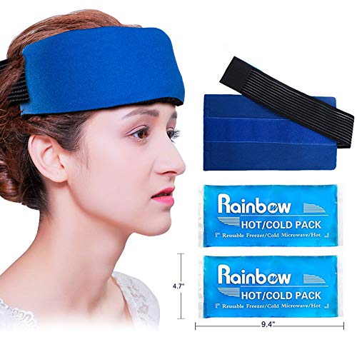 Product Cover 2 Reusable Head Gel Ice Packs, Wearable Migraine Relief Hot Cold Therapy Pack with Elastic Strap, Flexible Ice Wrap with Soft Fabric Backing for Headache, Chemo, Sinus, Head Tension, Fever, Menopause