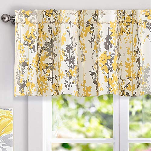 Product Cover DriftAway Leah Abstract Floral Blossom Ink Painting Thermal Insulated Window Curtain Valance Rod Pocket 52 Inch by 18 Inch Plus 2 Inch Header Yellow Gray 1 Pack