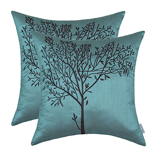 Product Cover CaliTime Pack of 2 Cushion Covers Throw Pillow Cases Shells for Sofa Couch Home Decoration Natural Tree Embroidered 18 X 18 Inches Teal Brown