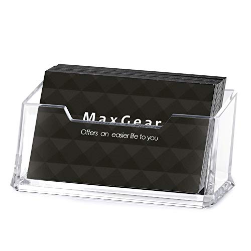 Product Cover MaxGear Clear Business Card Holder Acrylic Business Card Stand for Desk Plastic Business Card Holder, Single Compartment, Fits 50-60 Business Cards Capacity, 4 Pack