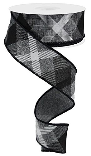 Product Cover Plaid Canvas Wired Edge Ribbon, 10 Yards (Grey, Black, White, 1.5 Inches)