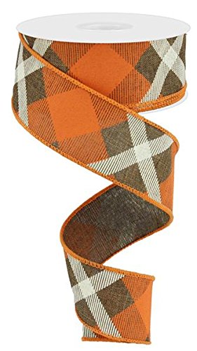 Product Cover Plaid Canvas Wired Edge Ribbon, 10 Yards (Brown, Orange, Cream, 1.5