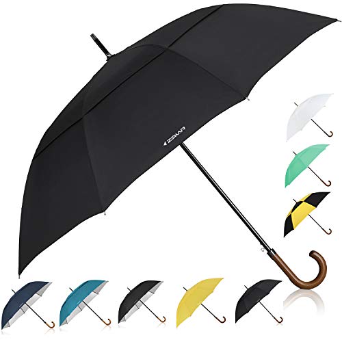 Product Cover ZEKAR 54 inch Wooden J Handle Golf Umbrella, Classic Double Canopy Windproof Large Auto Open Rain Stick Umbrellas (54inch-Black)