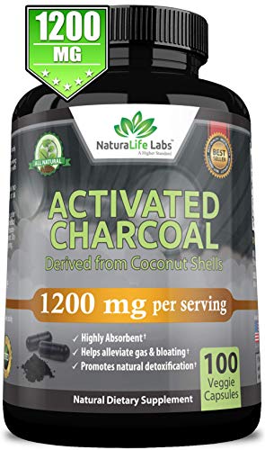 Product Cover Organic Activated Charcoal Capsules - 1200mg Highly Absorbent Helps Alleviate Gas & Bloating Promotes Natural detoxification Derived from Coconut Shells - per Serving - 100 Vegan Capsules