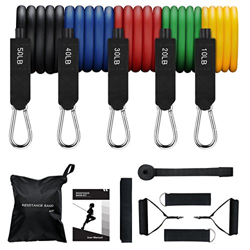 Product Cover Mpow Resistance Bands Set, Resistance Bands with Handles (150LBS), 5 Stackable Exercise Bands with Door Anchor, Ankle Straps, Guide Book, Heavy Resistance Tube Bands, Portable Tube Band