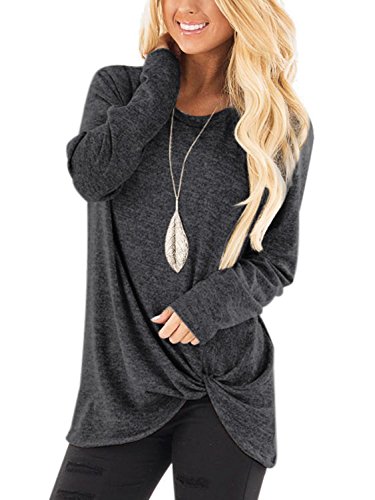 Product Cover YOINS Women Tops Crossed Front Twist Design Round Neck Long Sleeves Knits Tees Loose Fit Irregular Hem Fashion T-Shirts AA-Dark Grey S