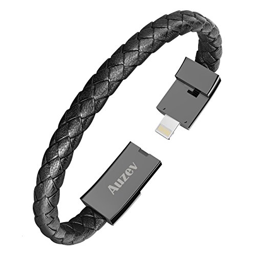 Product Cover Auzev Bracelet Lightning Cable Data Charging Cord for iPhone- Durable Braided Leather Charging Wrist Cuff USB for iPhone Plus X iPAD (Black, L（8.2