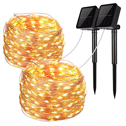 Product Cover Solar String Lights, 2 Pack 100 LED Solar Fairy Lights 33 Feet 8 Modes Copper Wire Lights Waterproof Outdoor String Lights for Garden Patio Gate Yard Party Wedding Indoor Bedroom Warm White by LiyanQ