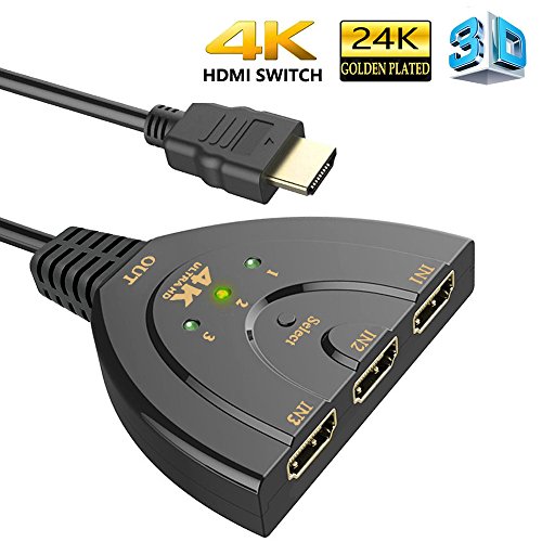 Product Cover HDMI Switch, 3 Port 4K HDMI Switch 3 in 1 Out with High Speed Switch Splitter Pigtail Cable Supports Full HD 4K 1080P 3D Player