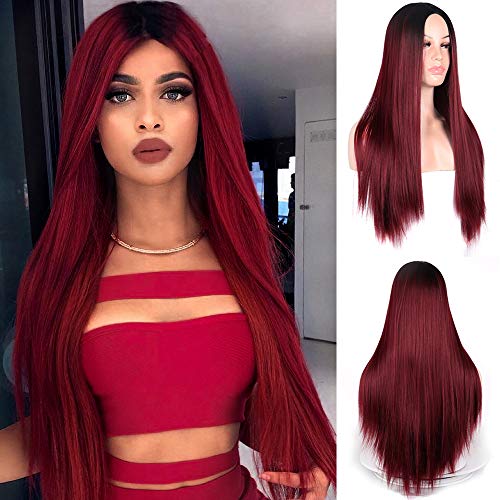 Product Cover MERISIHAIR Wine Red Long Straight Hair Synthetic Wigs Heat Resistant Party Cosplay Ombre Color for Women
