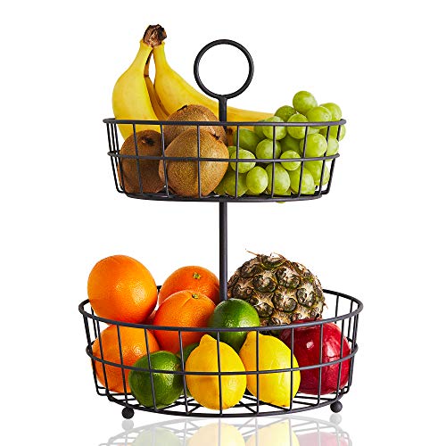 Product Cover 2 Tier Fruit Basket - Regal Trunk & Co. Wire Fruit Bowl or Produce Holder | Two Tier Fruit Basket Stand for Storing & Organizing Vegetables, Eggs, etc | Fruit Basket for Counter or Hanging (2 Tier)