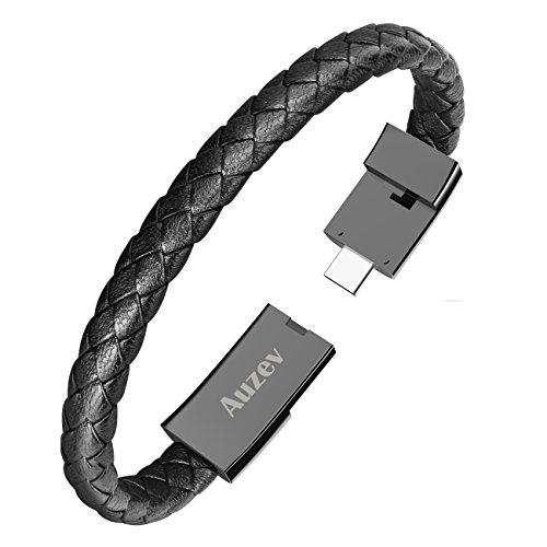 Product Cover Auzev Type-C Leather Bracelet Link Charging Cable Braided Wrist Band USB Sync Data Charger Cord for Samsung Galaxy (Black, M（7.2