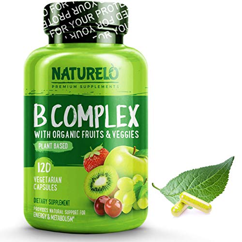 Product Cover NATURELO B Complex - Whole Food - with Vitamin B6, Folate, B12, Biotin - Vegan - Vegetarian - Best Natural Supplement for Energy and Stress - High Potency - Non GMO - Gluten Free - 120 Capsules