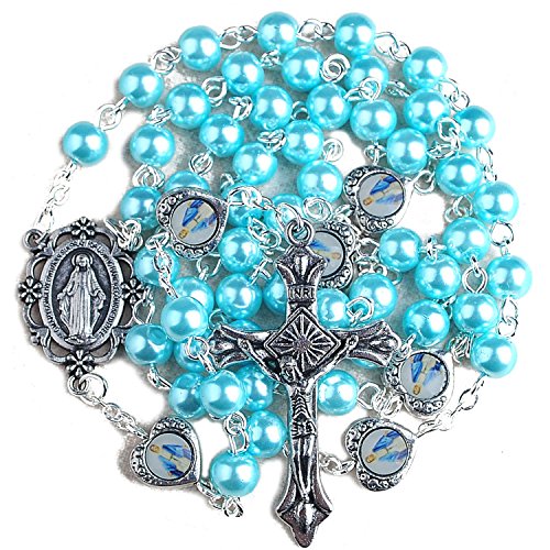 Product Cover HanlinCC 6mm Light Blue Glass Pearl Beads Rosary with Miraculous Medal