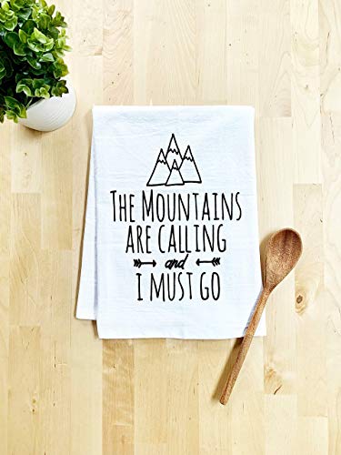 Product Cover Funny Kitchen Towel, The Mountains Are Calling and I Must Go, Flour Sack Dish Towel, Sweet Housewarming Gift, White