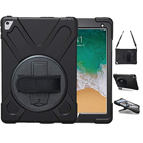 Product Cover iPad Pro 9.7 Case, TSQ Heavy Duty Rugged Protective Hard Shockproof Case Cover For Kids With Handle Hand Strap,Carrying Shoulder Strap &360 Degree Rotating Stand, 9.7 Inch 2016 A1673/A1674/A1675 Black
