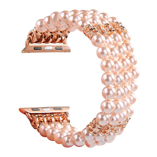 Product Cover GEMEK Compatible with Apple Watch Band 38mm 40mm Women iWatch Bands Series 5/4/3/2/1, Handmade Beaded Elastic Stretch Pearl Bracelet Replacement Strap for Girls Wristband (Pink)