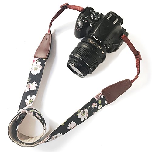 Product Cover Camera Neck Shoulder Belt Strap,Alled Leather Vintage Print Soft Camera Straps for Women/Men for DSLR/SLR/Nikon/Canon/Sony/Olympus/Samsung/Pentax (Leather Black Print Pink Flower)