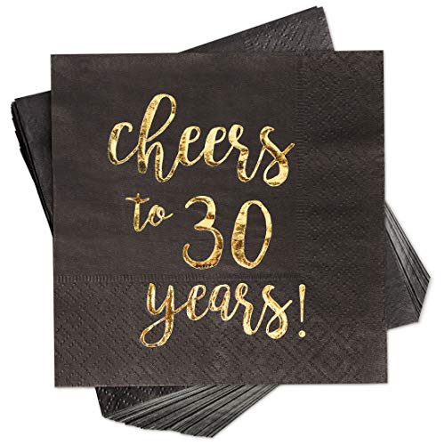 Product Cover Blue Panda 100-Pack Gold Foil Paper Cocktail Napkins with Cheers to 30 Years! for Birthday and Anniversary Party Supplies, 5 x 5 Inches, Black