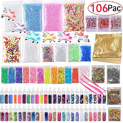 Product Cover 106 Pack Slime Making Kits Supplies,Gold Leaf,Foam Balls,Glitter Shake Jars,Fishbowl Beads,Fruit Slices,Fake Sprinkles,Glitter Sequins Accessories, Slime Tools, Sugar Papers (Slime Kits)
