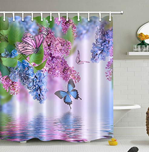 Product Cover LB Butterfly Lilac Flowers Bathroom Decor Shower Curtains, Floral Decor Bathtub Curtain, Decorative Curtain, 70W x 70L