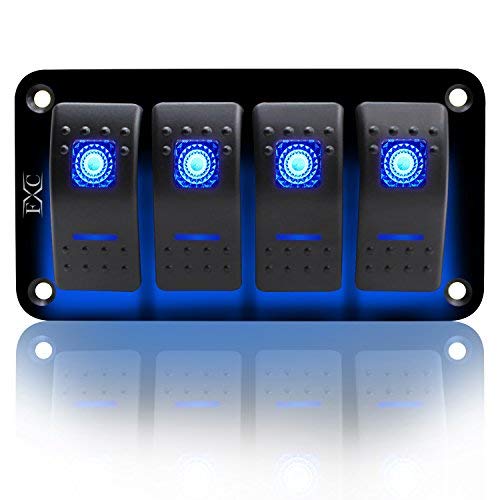 Product Cover FXC Rocker Switch Aluminum Panel 4 Gang Toggle Switches Dash 5 Pin ON/Off 2 LED Backlit for Boat Car Marine Blue