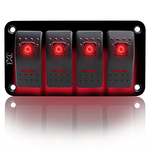 Product Cover FXC Rocker Switch Aluminum Panel 4 Gang Toggle Switches Dash 5 Pin ON/Off 2 LED Backlit for Boat Car Marine Red