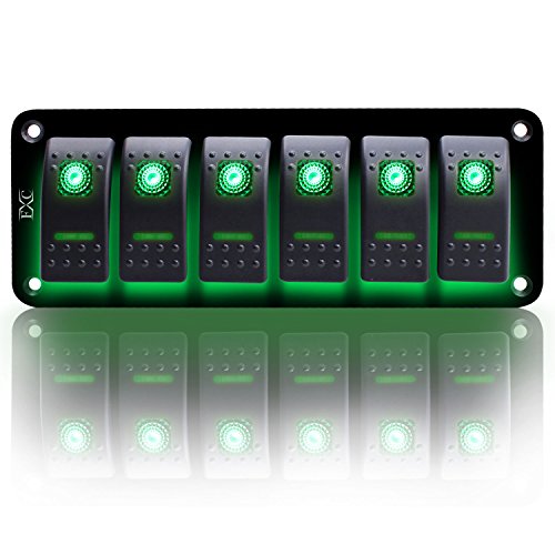 Product Cover FXC Rocker Switch Aluminum Panel 6 Gang Toggle Switches Dash 5 Pin ON/Off 2 LED Backlit for Boat Car Marine Green