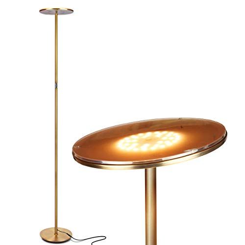 Product Cover Brightech Sky Flux - The Very Brightest LED Torchiere Floor Lamp, for Your Living Room & Office - Halogen Lamp Alternative with 3 Light Options Incl. Daylight - Dimmable Modern Uplight - Brass