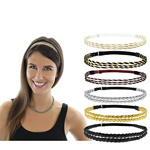 Product Cover Beaute Galleria 6 Pieces Adjustable Elastic Non Slip Braided Plaited Women Headbands Hair Band with Double Braided and Triple Strand Twisted Gold Silver Disco Hippie Boho Bohemian Style Hair Accessory