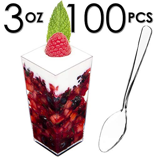 Product Cover DLux 100 x 3 oz Mini Dessert Cups with Spoons, Square Tall - Clear Plastic Parfait Appetizer Cup - Small Disposable Reusable Serving Bowl for Tasting Party Desserts Appetizers - With Recipe Ebook