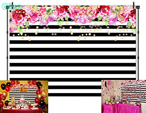 Product Cover Qian Photography Backdrops Black and White Stripe Background Pink Rose Flower Birthday Party Wedding Photo Studio Booth 7X5FT 012