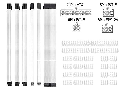 Product Cover Braided ATX Sleeved Cable Extension Kit for Power Supply Cable Kit, PSU Connectors, 24 Pin, 8 Pin, 6 Pin 4 + 4 Pin, 6 Pack, with Cable Comb 24 Pieces Set 24-Pin, 8-Pin, 6-Pin (White)