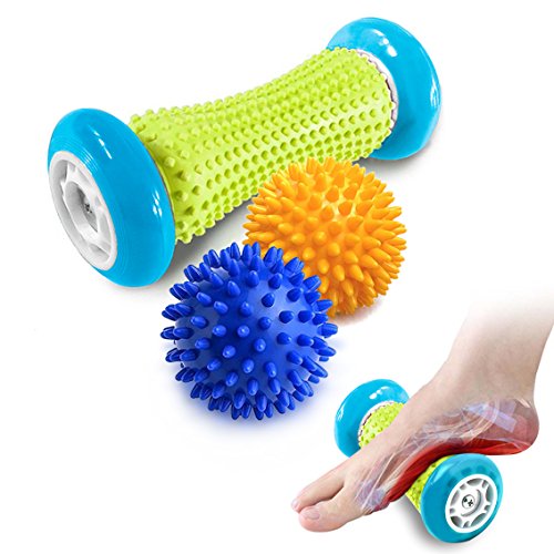 Product Cover Pasnity Foot Massage Roller Spiky Ball Foot Pain Relief Massager Relieve Plantar Fasciitis and Heel Foot Arch Pain and Relax Shoulder Foot Back Leg Hand, Included 1 Roller & 2 Spiky Balls (Light Blue)