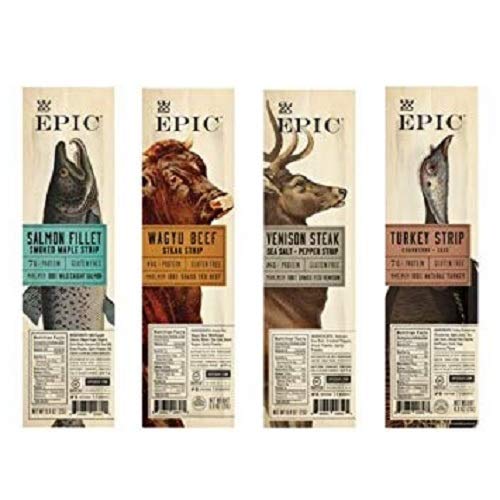 Product Cover Epic Snack Strips, Paleo Jerky: Wagyu Beef, Turkey Cranberry, Venison Salt and Pepper Steak, Smoked Salmon Maple (4 Pack Sampler)