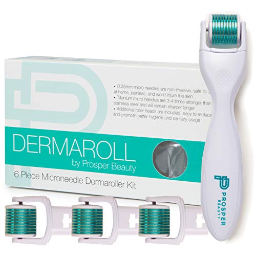 Product Cover Derma Roller Microneedle 6 Piece Kit [DERMAROLL by Prosper Beauty] Face Roller with 4 Replaceable Heads Exfoliation Microdermabrasion Micro Derma Skin Care Tool Dermaplaning Dermapen Microneedling