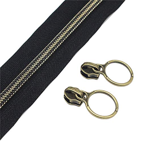 Product Cover YaHoGa #5 Antique Brass Metallic Nylon Coil Zippers by The Yard Bulk 10 Yards Black Tape with 20pcs Anti-Brass Sliders for DIY Sewing Tailor Craft Bag (Anti-Brass Black)