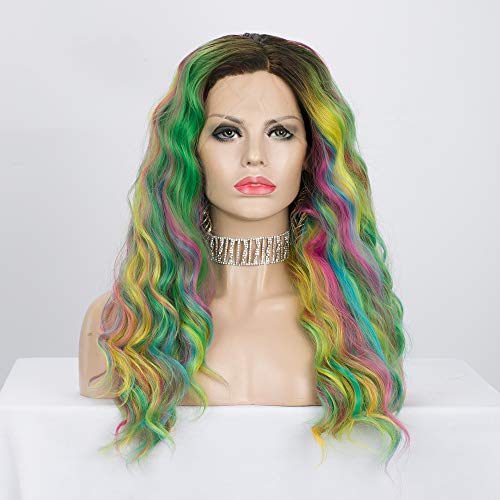 Product Cover Imstyle Multicolor Lace Front Wigs Rainbow Long Colorful Green Wigs Loose Wavy Dark Root Synthetic Hair Wig Glueless Heat Resistant With Natural Hairline 22 Inch