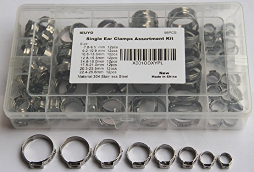 Product Cover IEUYO Single Ear Hose Clamps Assortment Kit, StepLess Ear Clamps, 304 Stainless Steel, Adjustable Diameter Different Sizes Fit Diameter Range From 7.8mm To 25.6mm,8Sizes, 96PCS