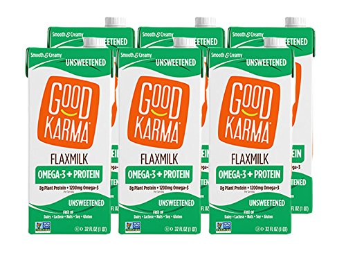 Product Cover Good Karma Plant-Powered Flaxmilk, Unsweetened, 32 oz Shelf-Stable Carton (Pack of 6) Dairy-Free, Plant Based Milk Alternative