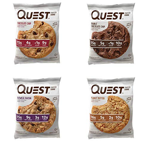 Product Cover Quest Nutrition Protein Cookie Variety Pack (Chocolate Chip, Double Chocolate, Peanut Butter and Oatmeal Raisin). 15 + Grams of Protein, High Fiber, Gluten Free. (12 Count)