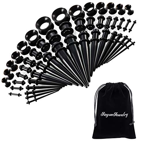 Product Cover 50 Pieces Ear Stretching Kit 14G-00G by Jiquan - Acrylic Tapers and Plugs + Silicone Tunnels - Ear Gauges Expander Set Body Jewelry (Black)