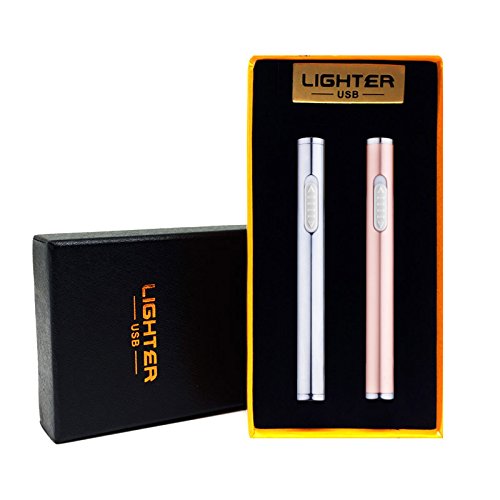 Product Cover USB Lighter Rechargeable 2 Pack Mini Electric Flameless Windproof Portable Slim Cigarette Lighters (Silver and Rose Gold)