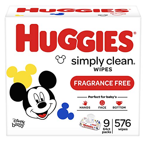 Product Cover HUGGIES Simply Clean Fragrance-free Baby Wipes, Soft Pack (9-Pack, 576 Sheets Total), Alcohol-free, Hypoallergenic (Packaging May Vary)