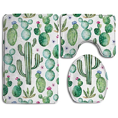 Product Cover SarahKen Bathroom Rug Cactus Plants Spikes Cartoon Like Art Print White Light Pink And Lime Green 3 Piece Bath Mat Set Contour Rug And Lid Cover